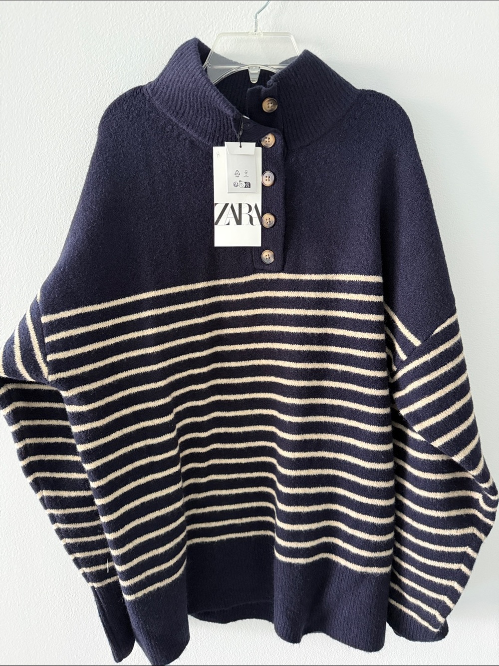ZARA Navy and Cream Striped Button Mock Neck Sweater